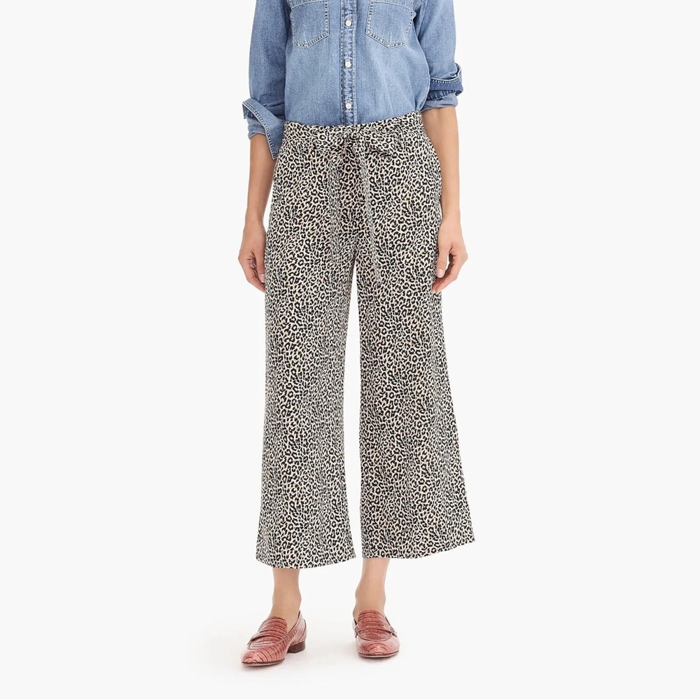 J.CREW Wide Leg Cropped Leopard Pants with Belt -  100% Silk